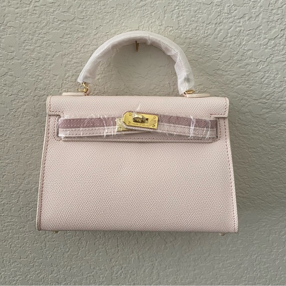 HOUSE OF HELLO Epsom Light Pink Leather Gold Satchel Bag Crossbody Dual Strap B4 - Picture 2 of 11
